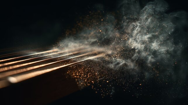 Guitar strings vibrate, creating dust and particles in a dimly lit space