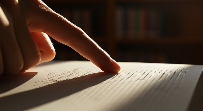 Finger traces braille text on a book in a library, highlighting accessibility and the importance of inclusive reading materials with warm lighting.