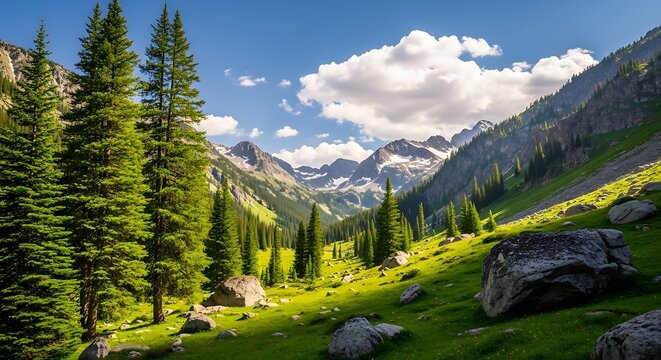 Lush green valley with tall pine trees and majestic mountains - Powered by Adobe