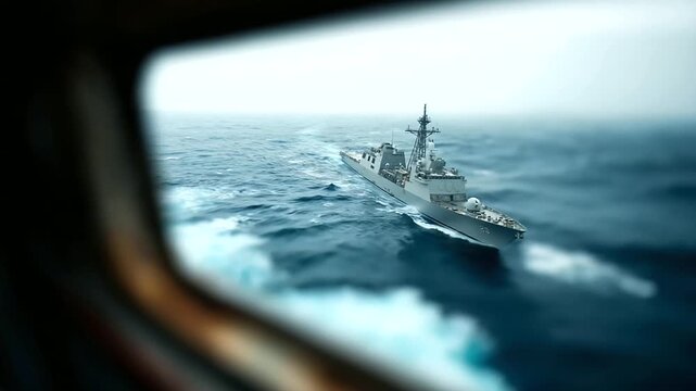 Aerial shot of navy ship in defocused open sea, faceless amphibious warship, naval visualization detail, blurred ocean background, military operations concept, assault interface, t