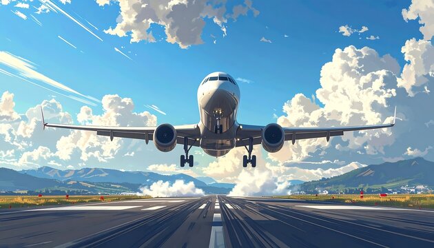Plane takes off with mountains, clouds, bright sun, and perspective runway toward the horizon