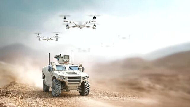 Armored vehicle with drone swarm defocused desert landscape, faceless autonomous combat, future visualization detail, blurred desolate background, military technology concept, inno