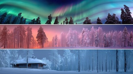  aurora borealis, wintery scene of snowy pine forest. collage 
