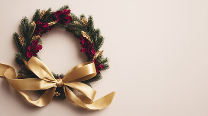 Christmas Festive Wreath with Gold Ribbon, Red Flowers, Pine Branches, and Golden Pinecones on Beige Background, Ideal for Wallpaper, Poster, and Holiday Decor Design Assets