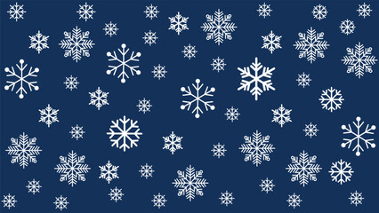 Seamless winter background featuring various sizes of scattered white snowflakes on a blue background. Simple and cold-toned vector pattern ideal for Christmas, New Year, holiday promotions.