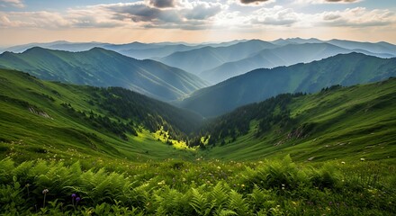 Obraz premium Vast mountain valley with green slopes and dramatic sky