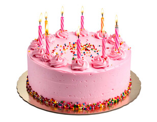 Pink frosted birthday cake with lit candles and sprinkles