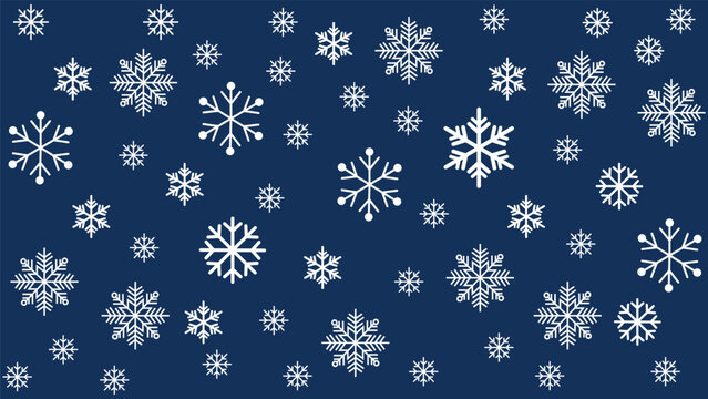 Seamless winter background featuring various sizes of scattered white snowflakes on a blue background. Simple and cold-toned vector pattern ideal for Christmas, New Year, holiday promotions.