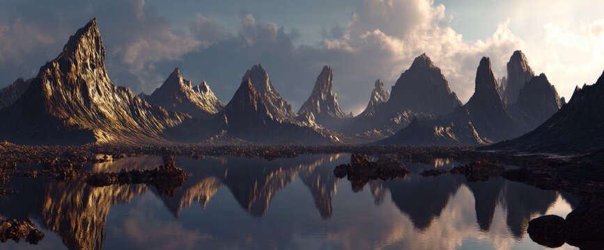 Mountain range reflected in still lake under cloudy sky with golden light