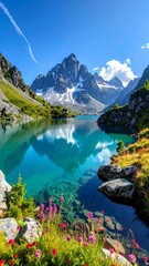 Serene alpine lake reflects a majestic snow-capped mountain under a clear blue sky.