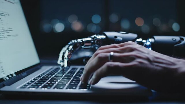 Man with a bionic arm prosthetic hand typing on laptop keyboard, programming code or data entry. Future technology and human augmentation concept.