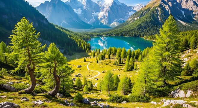 Serene alpine lake surrounded by majestic mountains and lush forests - Powered by Adobe