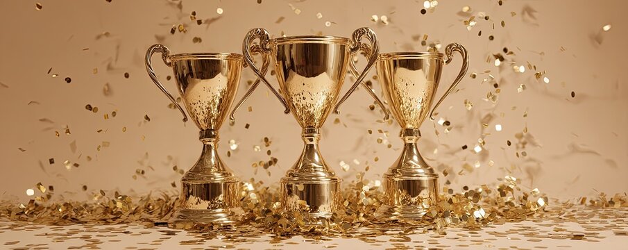 Triumphant Trio Three gold trophies amid falling golden confetti on beige background