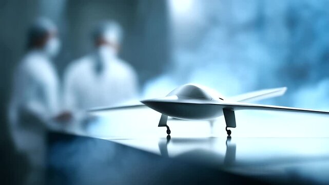 Engineers checking drone aerodynamics in defocused wind tunnel, faceless laboratory development, testing visualization detail, blurred steam background, UCAV manufacturing concept,