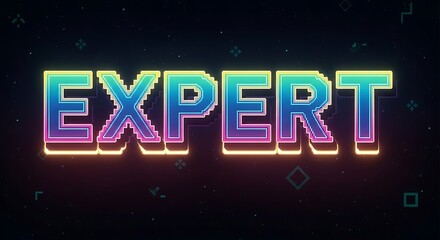 Expert Word in Retro Pixel Art Neon Style Glowing in Colorful Gradient for Professionalism, Skill, and Master Achievement Concepts