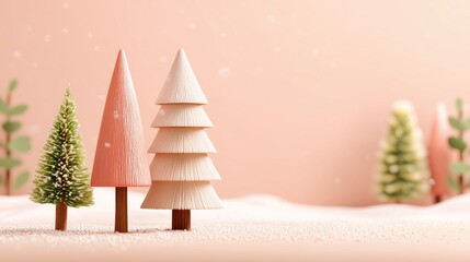 Christmas Pastel Tree Scene with Pink, Beige, and Green Trees on Snowy Landscape, Ideal for Wallpaper, Poster, and Festive Design Projects