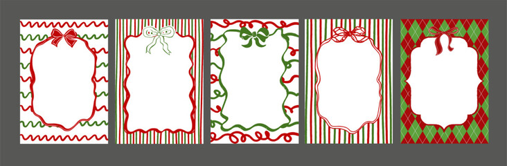 Christmas Hand drawn Frames Collection - Whimiscal Set - Doodle style with bow and ribbon stripes. Art banner, poster, cover templates.