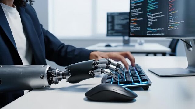 Caucasian woman using a futuristic bionic prosthetic hand at personal computer for coding or programming