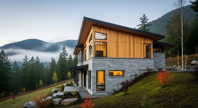 Modern mountain home nestled in a serene forest landscape