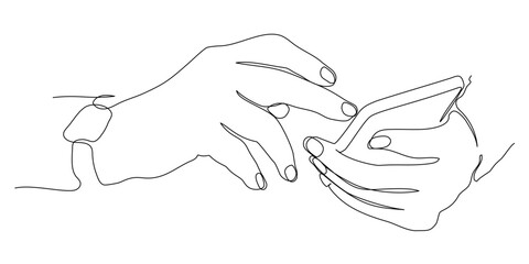 Human hands using mobile phone. Single line drawing. Black and white vector illustration in line art style. Editable stroke.