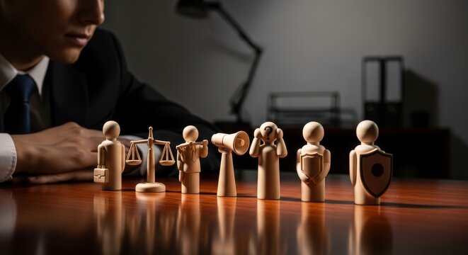 Legal Counsel and Wooden Figures - Person contemplating legal matters represented by wooden figures symbolizing justice, protection, advocacy, confidentiality, and security in a dimly lit setting