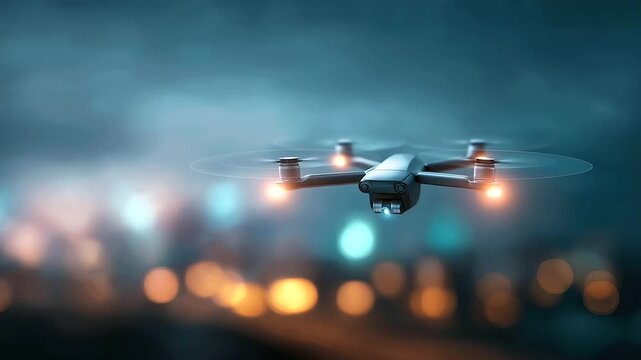 High-tech drone with glowing lights defocused technology, faceless advanced surveillance, cutting-edge visualization detail, blurred dramatic background, military application conce