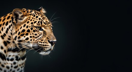 Obraz premium Leopard Portrait on Dark Background - Profile of a beautiful leopard against a solid black background. Majestic and powerful