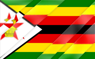 A digitally-created image showcases an abstract representation of the Zimbabwean flag, with layered diagonal shapes and vibrant color bars of green, yellow, red, and black conveying