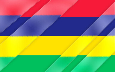 Fototapeta premium Abstract rendering of the Mauritius flag featuring red, blue, yellow and green layers with a textured appearance and diagonal, glass-like bands adding depth and a modern visual