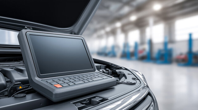 Diagnostic scanner or tablet placed on a car with an open hood in a modern service center. Concept of auto diagnostics and maintenance technology.