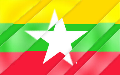 An abstract representation features a stylized composition utilizing vibrant yellow, green, and red colors layered diagonally with translucent textured stripes and a prominent white