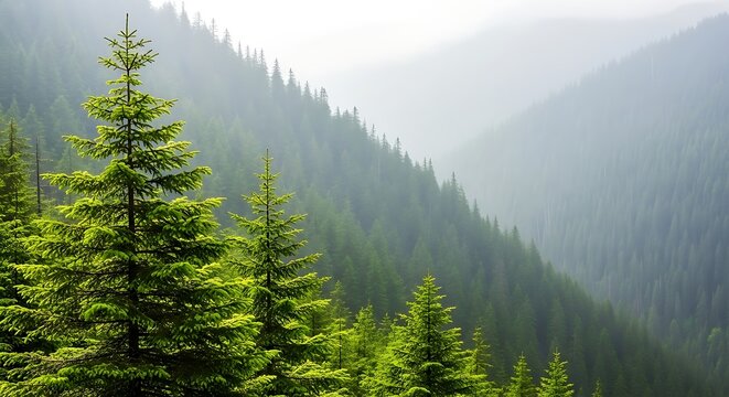 Misty mountain forest with evergreen trees
