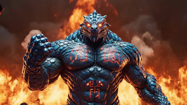 Fierce Dragon Warrior Rising Amidst Fiery Flames with Glowing Eyes and Powerful Physique