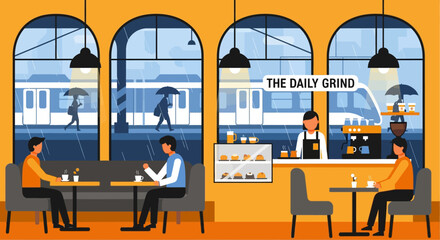 Cozy cafe overlooking a rainy train station, people enjoying coffee and pastries