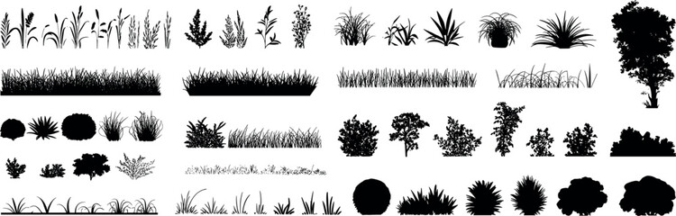 Grass and bush silhouettes set, shrubs and plants, black vector icons, landscape borders, garden design elements, isolated nature clipart collection