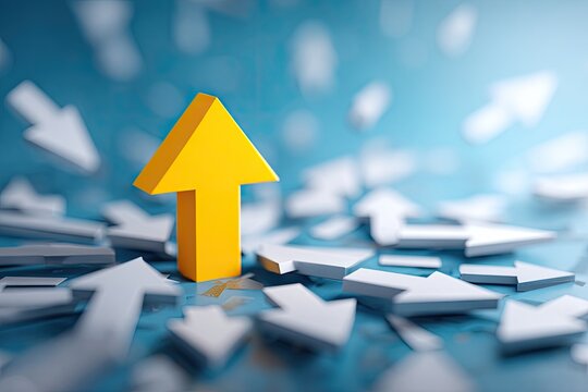 Yellow arrow standing out amidst blurry white arrows on a blue surface