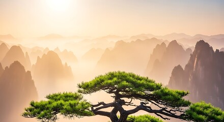 Misty mountain peaks and pine tree sunrise