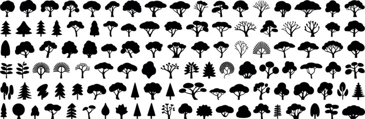 Tree icon silhouettes set, diverse forest and park trees, black vector shapes, minimalist landscape elements, isolated collection, nature design pack