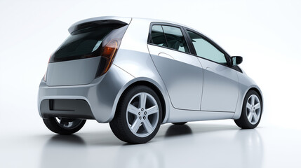Modern compact electric hatchback in silver metallic, isolated on white background with soft reflection under the wheels. Concept of eco-friendly urban transport, rear view.