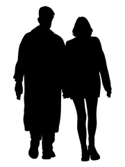 Silhouette of couple holding hands and walking away. Wear warm clothes. Back view. Black vector illustration isolated on white background.