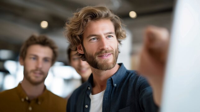 Candid photo of creative director guiding junior designers at a digital whiteboard — representing mentorship in the workplace, hands-on leadership, the human side of creativity, and emotional - Powered by Adobe