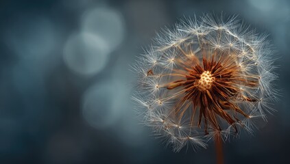 Close-up shot of a mature dandelion seed head against a soft, blurred background