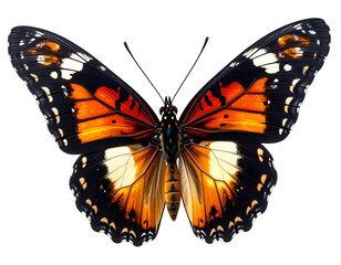 Vivid orange, black, and white butterfly with intricate wing patterns