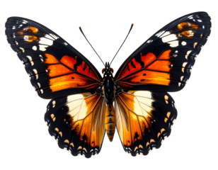 Vivid orange, black, and white butterfly with intricate wing patterns