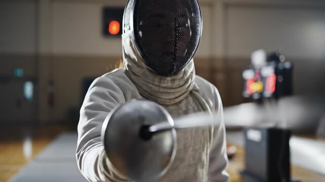 Female fencer in foil mask standing and holding epee in sports hall. Defensive position in fencing bout for athletic competition.
