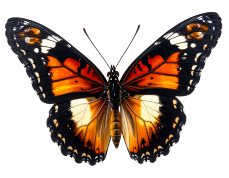 Vivid orange, black, and white butterfly with intricate wing patterns