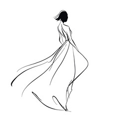 Stylish hand drawn vector illustration of a woman in a long flowing dress, created in minimalist line art style, ideal for fashion, beauty, and modern design projects