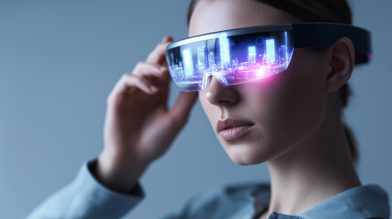 Traveler wearing augmented reality VR glasses explores a futuristic cityscape with glittering landmarks, symbolizing immersive travel and innovation in tourism.