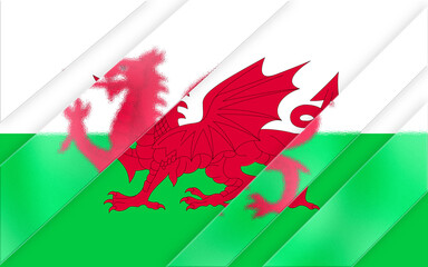 Striking depiction of the flag of Wales with a vivid red dragon emblem layered across white and green stripes, presented in a modern, stylized design with diagonal glass-like textures.