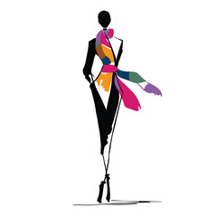 Minimalist fashion illustration of woman with colorful scarf. Modern, artistic and stylish vector for fashion design and branding